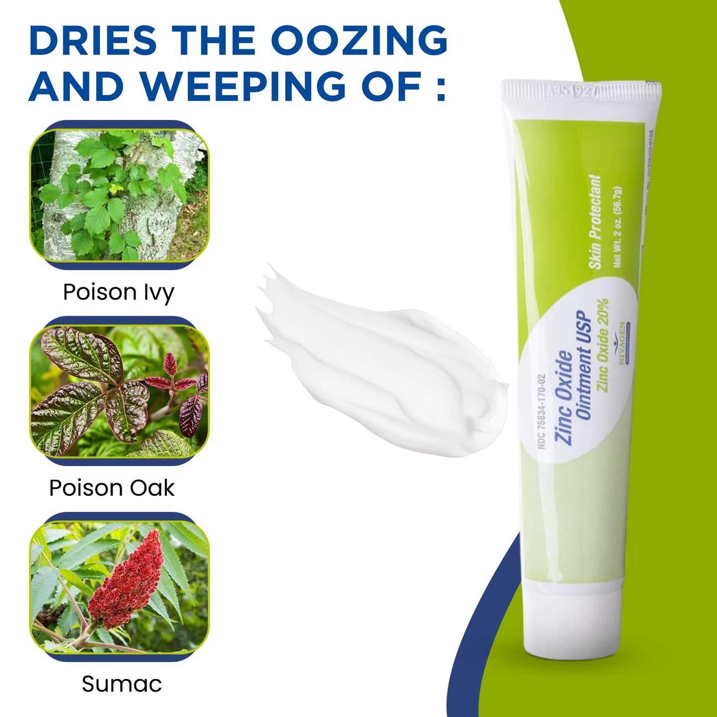 Nivagen Zinc Oxide Ointment Usp 20% | For Diaper Rash, Chafed Skin, Protects From Wetness, Relief From Poison Ivy, Poison Oak, &