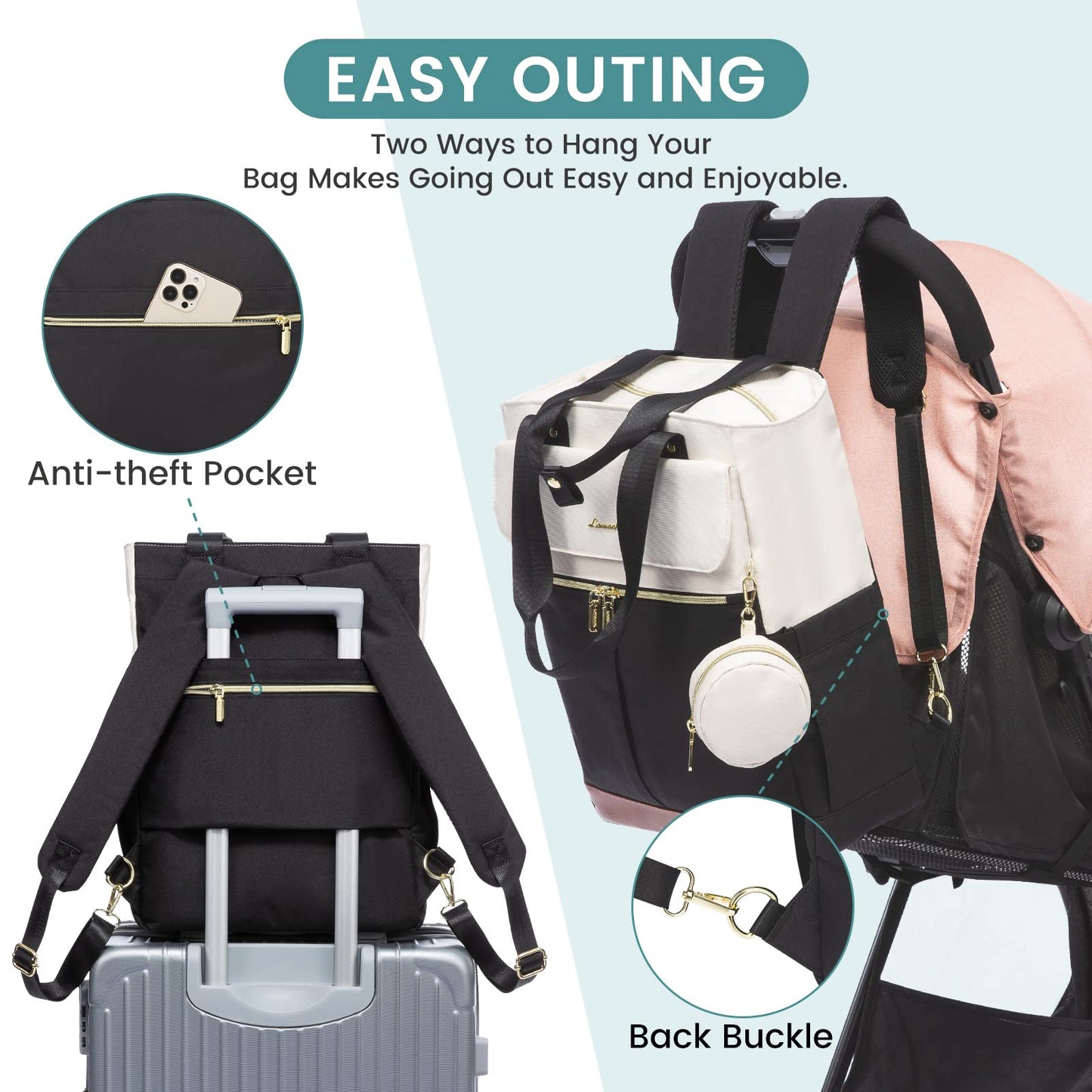 Lovevook Diaper Bag Backpack With Insulated Pockets, Changing Pad, Pacifier Case - Anti-Theft Travel Bag For Women