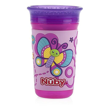 Nuby 360 Degree Easy Sip 3D Grip Wonder Cup With Printed Silicone Sleeve, Purple, Butterfly, 10 Oz