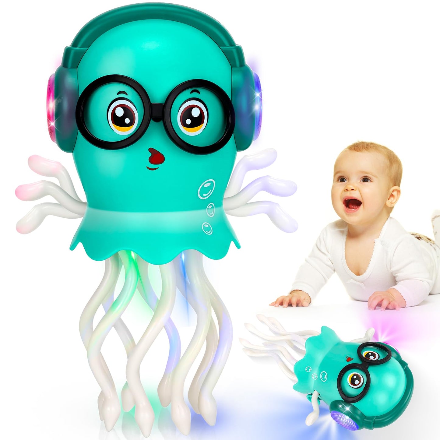 Dancing Octopus Baby Toys, Light Up Music Tummy Time Toys with 2 Flash Lights,Moving Electric Crawling Squid Toy for Babies with