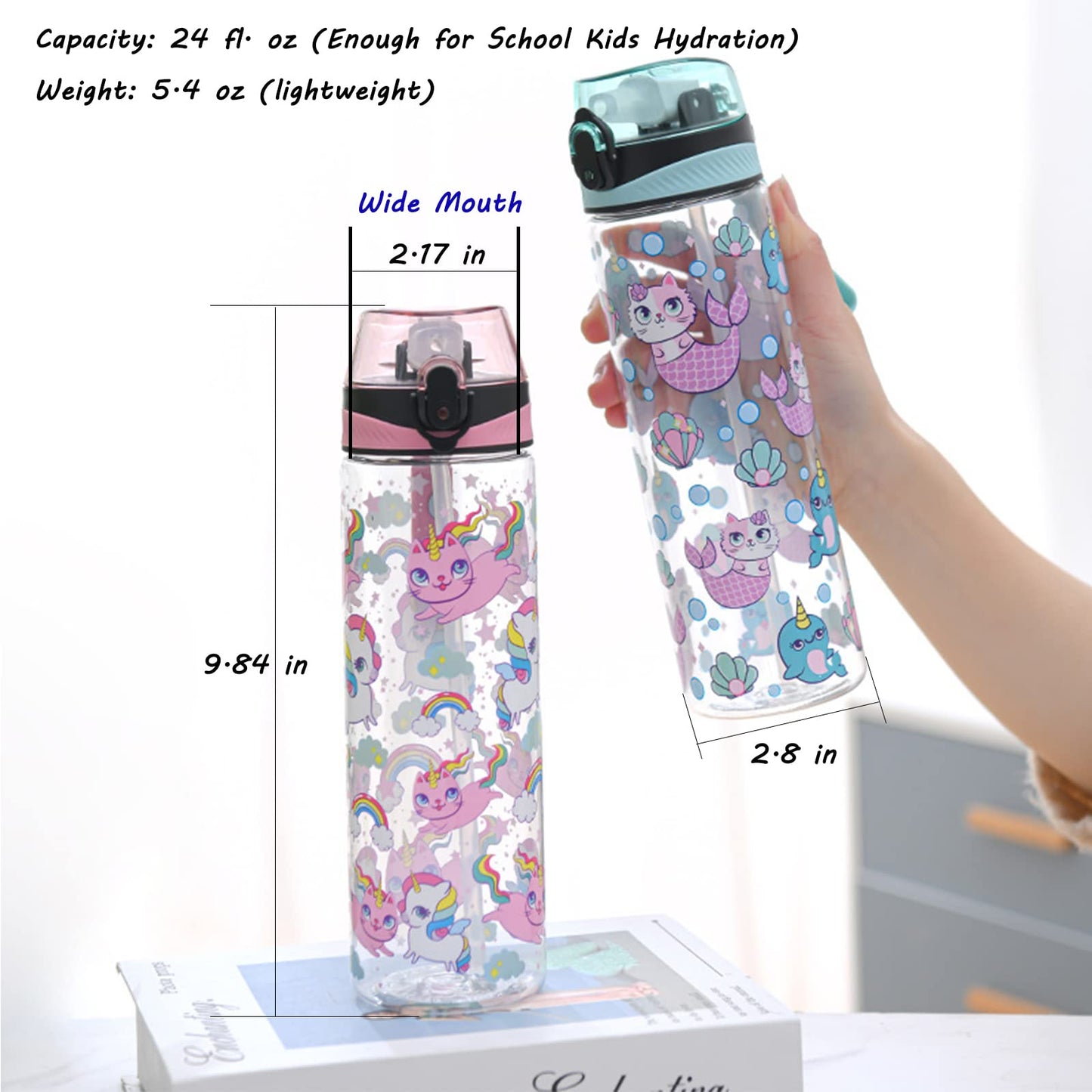 Huin Cute Water Bottle For Girls Women, Water Bottle With Straw For School Kids, Bpa Free Reusable & Spill Proof & Wide Mouth, 2