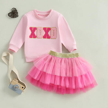 Toddler Baby Girl Valentines Day Outfit Red Love Heart Bow Sweatshirt And Tulle Tutu Skirts Set Cute Spring Clothes (Xoxo Layere
