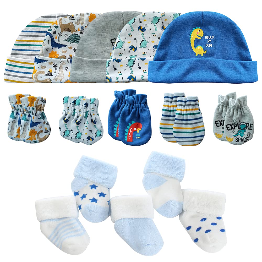 MAMIMAKA Baby Boys Caps Mittens and Thick Warm Socks Cotton Newborn Essentials Accessories (Hats+Gloves+Terry Socks),0-6 Months