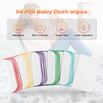 Famoplay 54 Packs Flannel Cloth Baby Wipes With Dispenser, Reusable Natural Skin-Friendly Baby Wipes, Body Face Hand Washcloth E