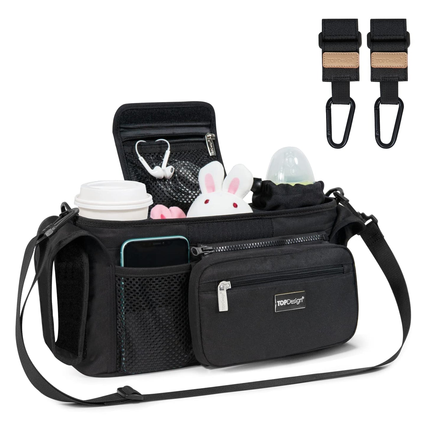 Topdesign Universal Baby Stroller Organizer, Stroller Caddy With Heightened Insulated Cup Holders & Non-Slip Secure Hooks Access