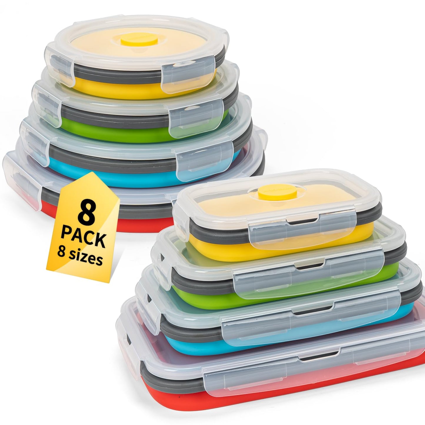 Annaklin Collapsible Food Storage Containers With Lid & Air Vent, 16 Pack, 8 Rectangular + 8 Round, Foldable Silicone Lunch Cont