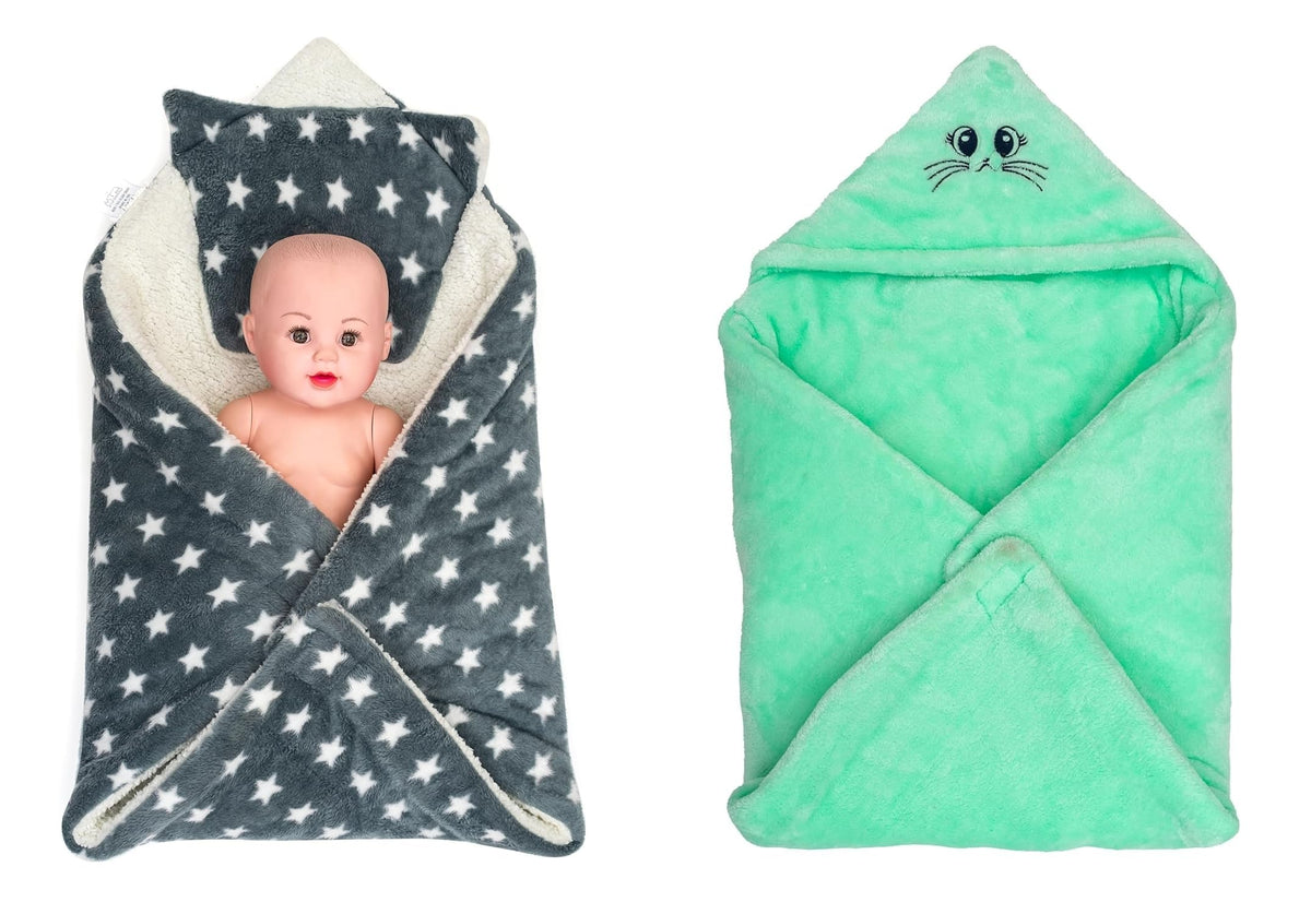 CTMKIDS Baby Wrap with Cushion Cap for Kids 74x84 cm Grey & Single Baby Wrap with Cap for Kids 74x74 cm Sea Green