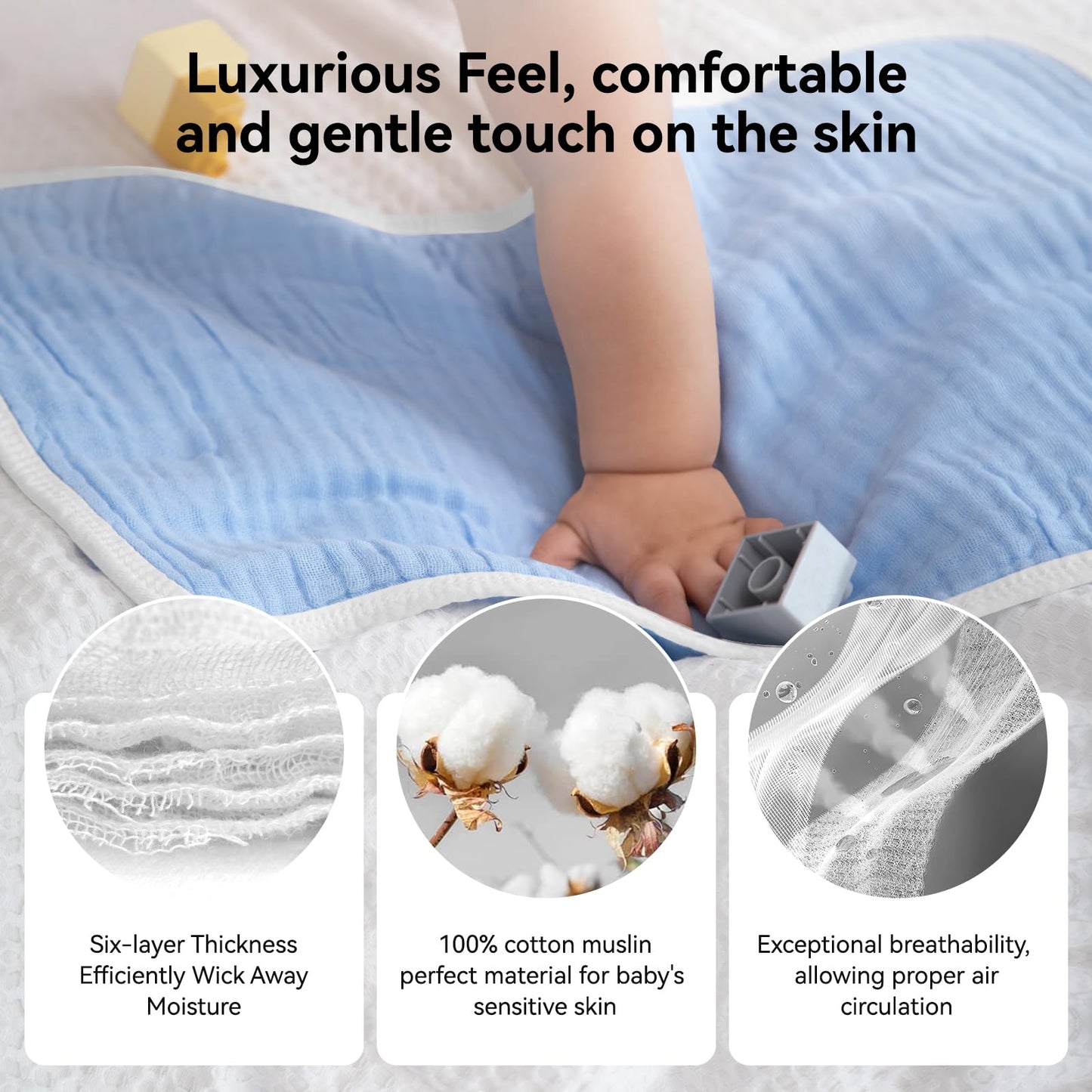 Synrroe Muslin Burp Cloths Large 20 By 10 Inches 100% Cotton 6 Layers Extra Absorbent And Soft 4 Pack Blue