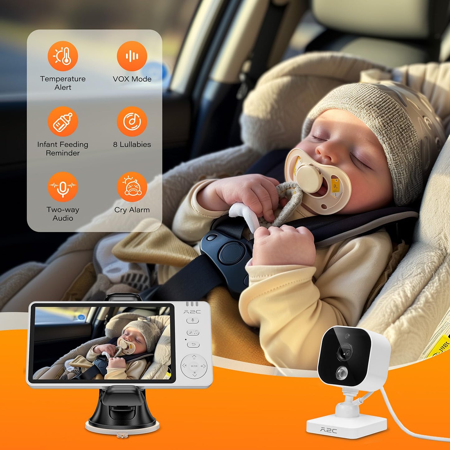 A2C Wireless Baby Car Camera, Usb Powered Baby Monitor For Car Backseat & Home, 5 ' Hd 1080P Auto/Manual Night Vision Screen Wi