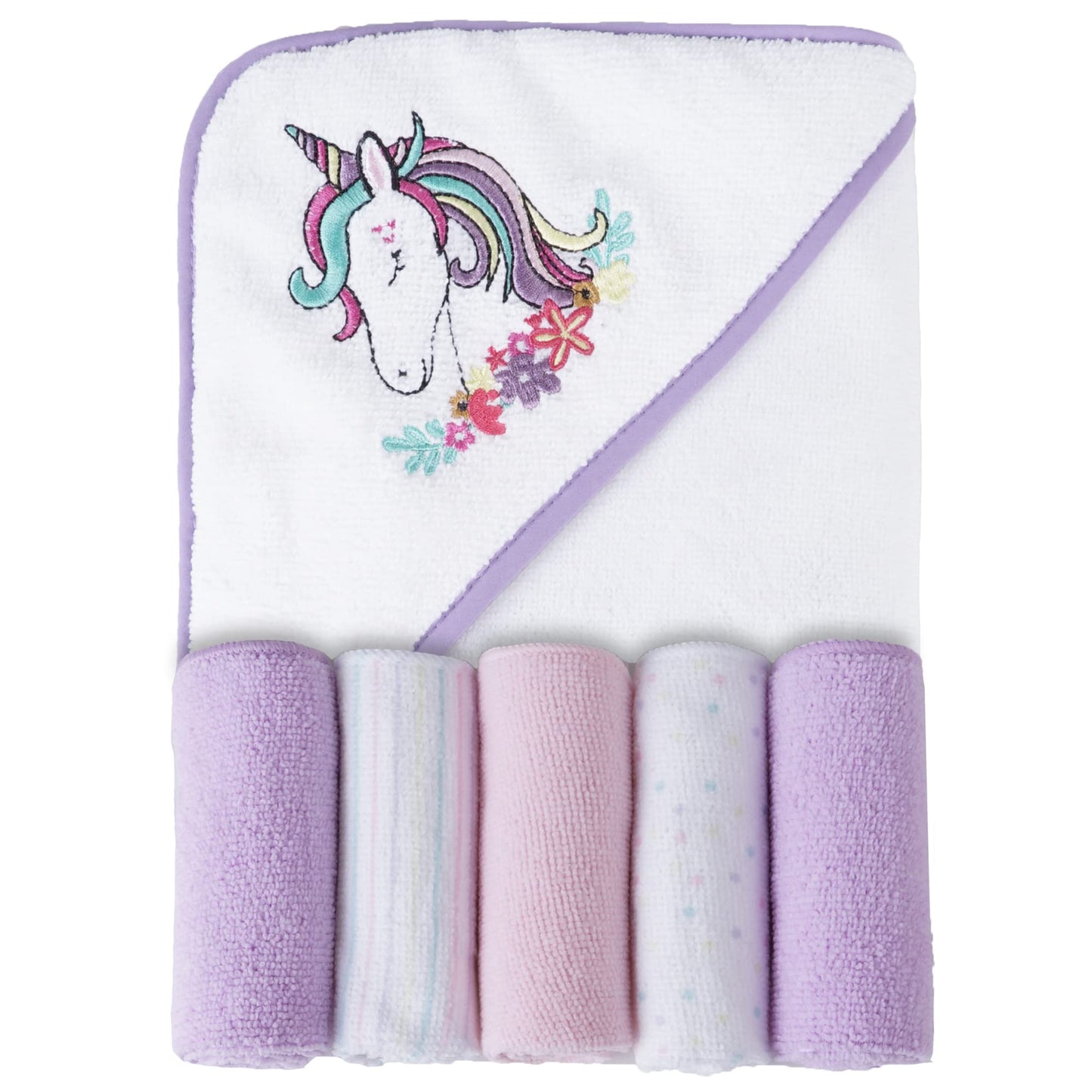Viviland Baby Towels and Washcloths, Soft Absorbent Purple Baby Bath Towel Set, Unicorn Hooded Towels with 5 Infant Face Washclo