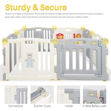 Kidzone Grey - White Baby Interactive Playpen 8 Panel Safety Gate Children Play Center Child Activity Pen Astm Certified