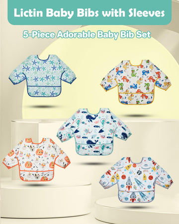 Lictin Long Sleeve Bibs 5 Pack - Baby Bibs For Boy, Waterproof Toddler Bibs, 0-24 Months Neutral Baby Smock For Eating, Reusable