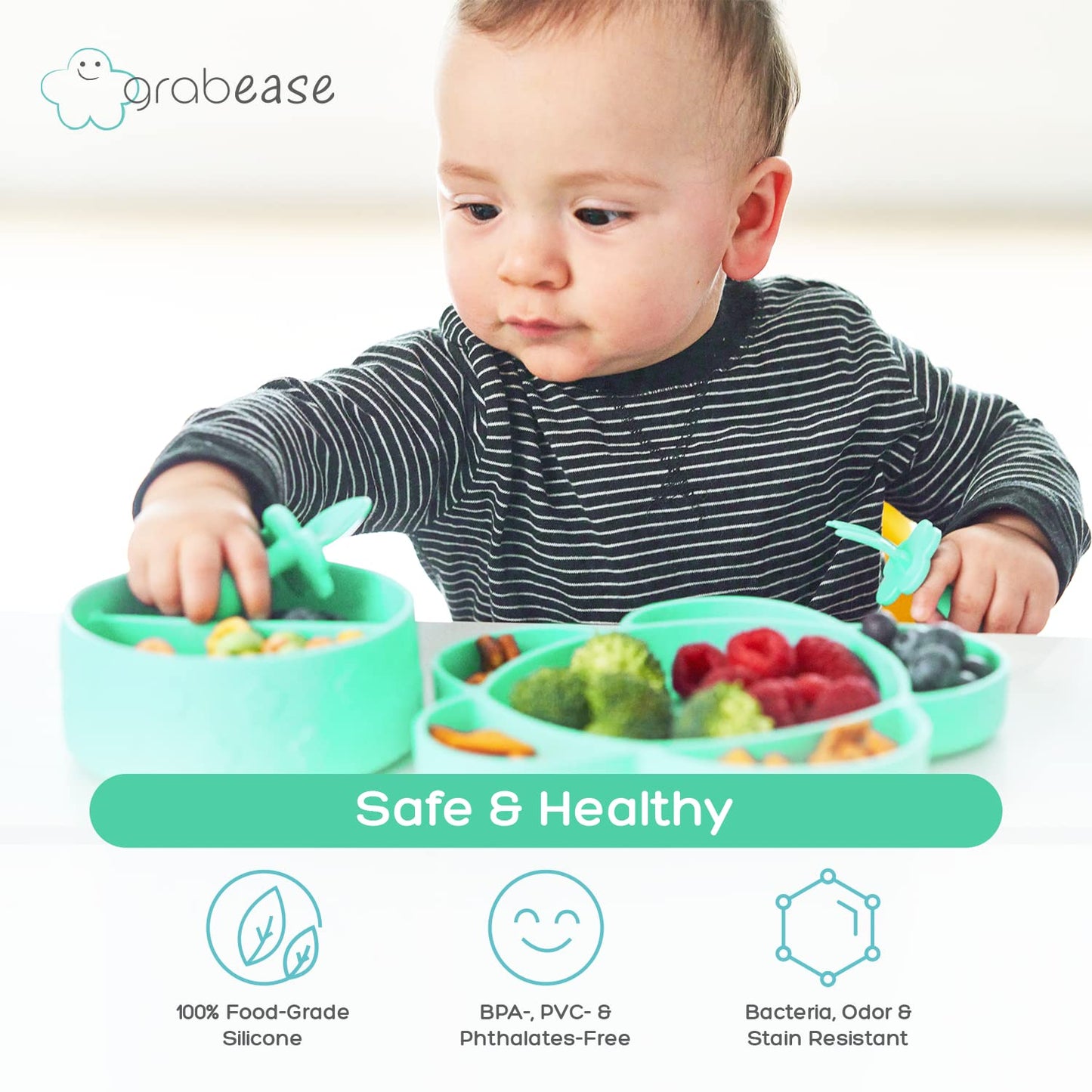 Grabease Baby Plates And Bowls Set - Essential Baby-Led Weaning Supplies For Portion Control And Self-Feeding - Suction Bottoms