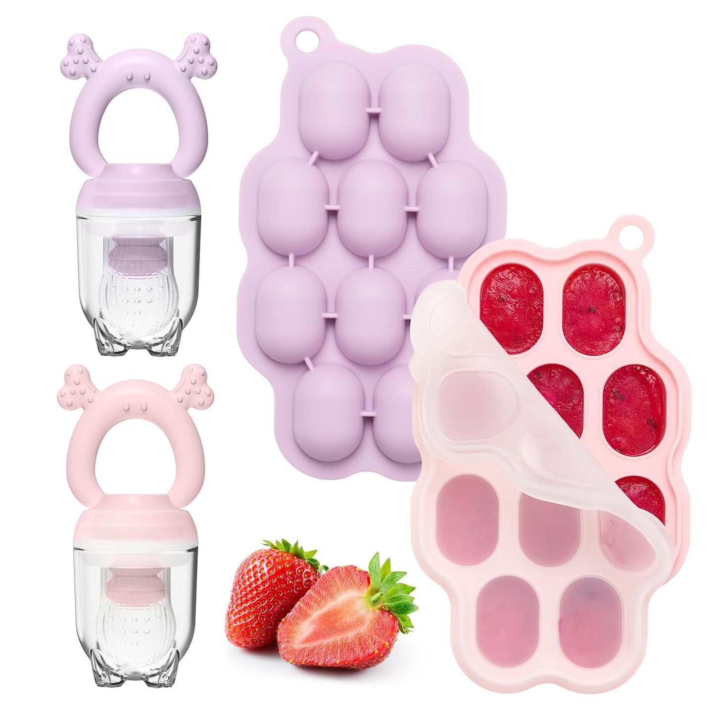KingKam Baby Breastmilk Popsicle Molds & Baby Fruit Feeder (2 Pack), Baby Food Freezer Tray Storage Containers, Silicone Pacifie