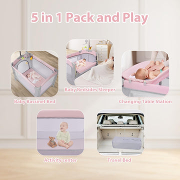 5-In-1 Baby Girl Bassinet Bedside Crib, Pink Bassinet Pack And Play Bedside Crib For Baby Girl