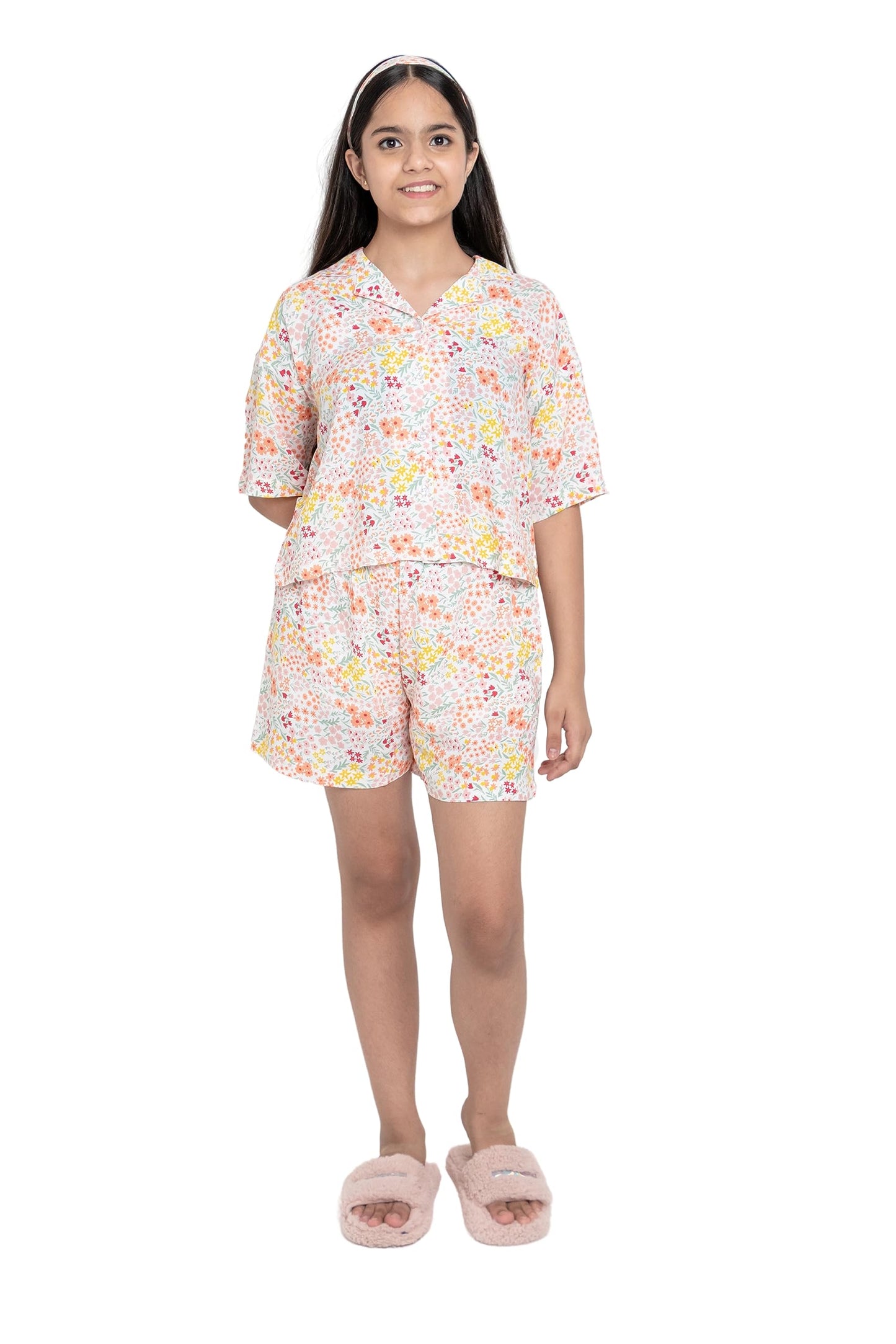 Tweeny Mini Girls Kids Pure Rayon Nightsuit | Nightwear | Sleepwear Combo Set of Top and Shorts | Summer Wear Drop Shoulder Styl