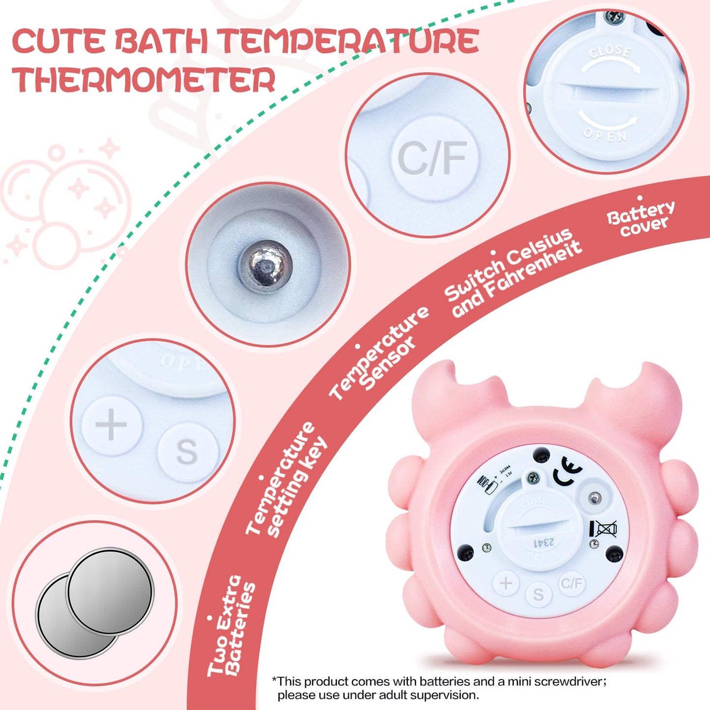 Pircaath Baby Bath Thermometer Newborn, Bpa-Free Safety Digital Bath Tub Thermometer With Temperature Alarm & Lcd Display, Crab