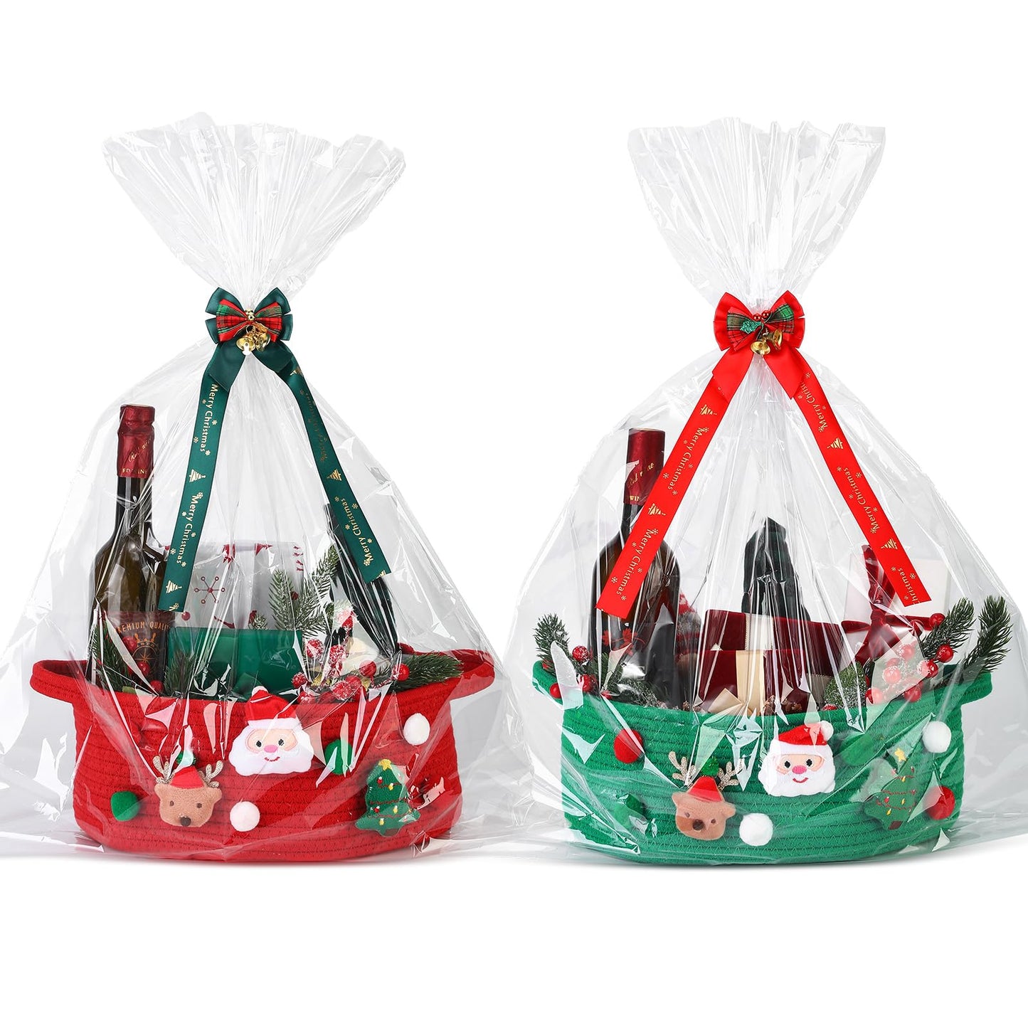 Honeydak 2 Set Christmas Gift Basket with Cellophane and Bow Ribbon Empty Santa Deer Tree Christmas Woven Basket with Handle for