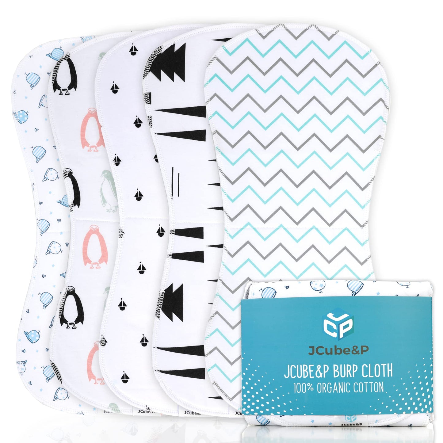 JCube&P Baby Burp Cloth - Organic Cotton & Fleece Burp Clothes - Soft & Absorbent Curvy Burp Rags - Cute 5-Pack Contoured Set Bu