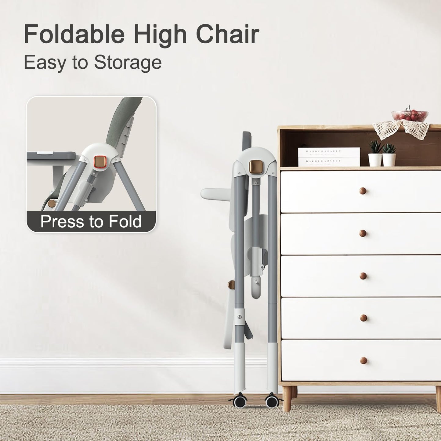 Taleco Gear Foldable Baby High Chair, 3-In-1 High Chairs For Babies And Toddlers With Removable Seat & Tray, 4 Locking Wheels, A