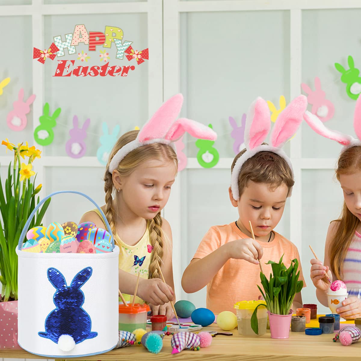 Cootato Easter Bunny Basket Bags For Kids, Sequin Rabbit Pattern Egg Basket Hunt Bags Personalized Canvas Cotton Bucket With Flu