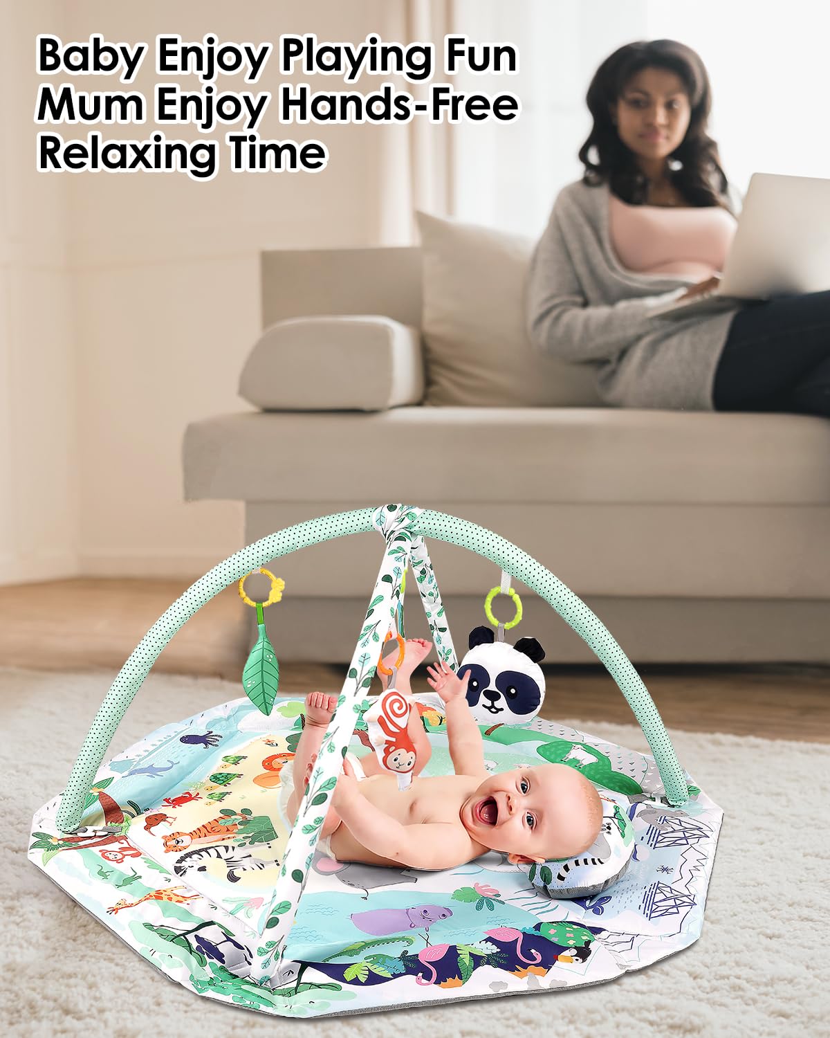 Dearlomum 4-In-1 Tummy Time Mat,Baby Activity Play Mat,Newborn Play Baby Mats For Floor With 6 Infant Learning Sensory Baby Toys