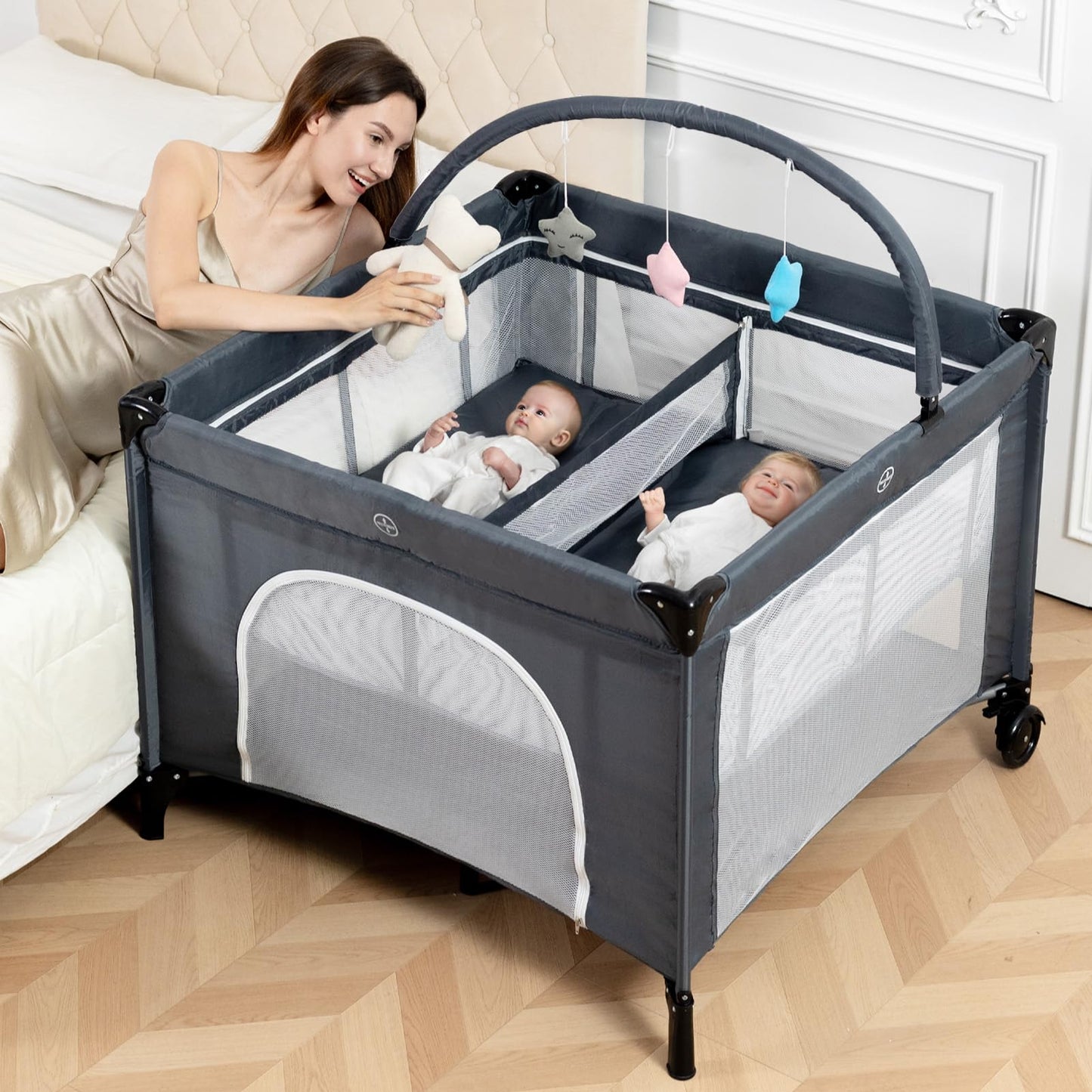 Jestonten Twin Bassinet - 3 in 1 Twin Bassinets for 2 Babies with Hanging Toys & Storage Basket, Portable Pack and Play Foldable