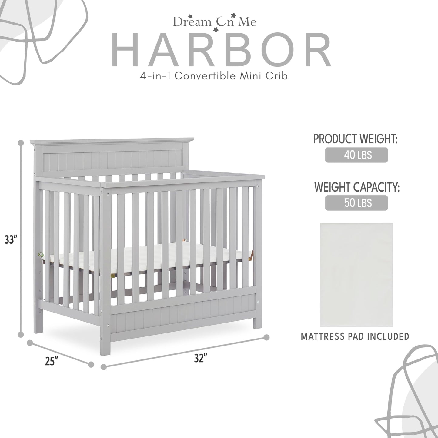 Dream On Me Harbor 4-In-1 Convertible Mini Crib In Pebble, Greenguard Gold Certified
