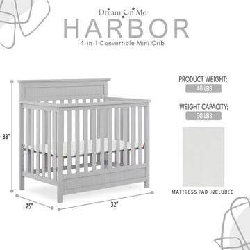 Dream On Me Harbor 4-In-1 Convertible Mini Crib In Pebble, Greenguard Gold Certified