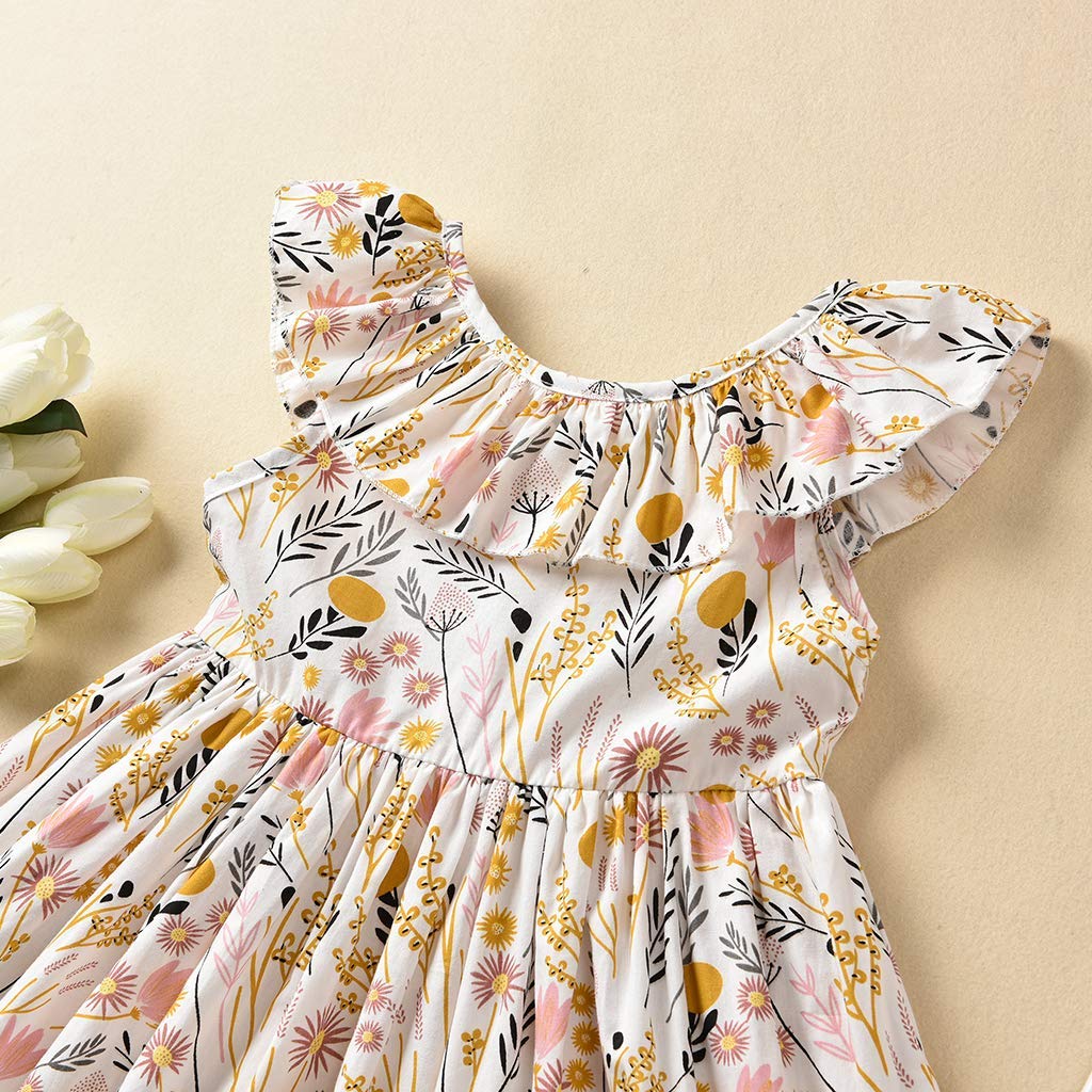 Toddler Girl Sundress 4T Girls Wildflower Floral Casual Dresses 4-5T Girls Ruffle Neck Sleeveless Beach Dress For Spring Summer