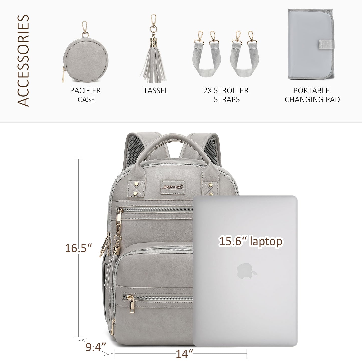Rosegin Vegan Leather Diaper Bag Backpack For Boy Girl With Changing Pad And Pacifier Case, Waterproof, Travel Baby Bag Backpack