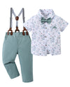 Disaur Toddler Boy Dress Clothes Short Sleeve White Flower Dress Shirt Bow Tie Suspender Green Pants Toddler Outfits For Boys 18