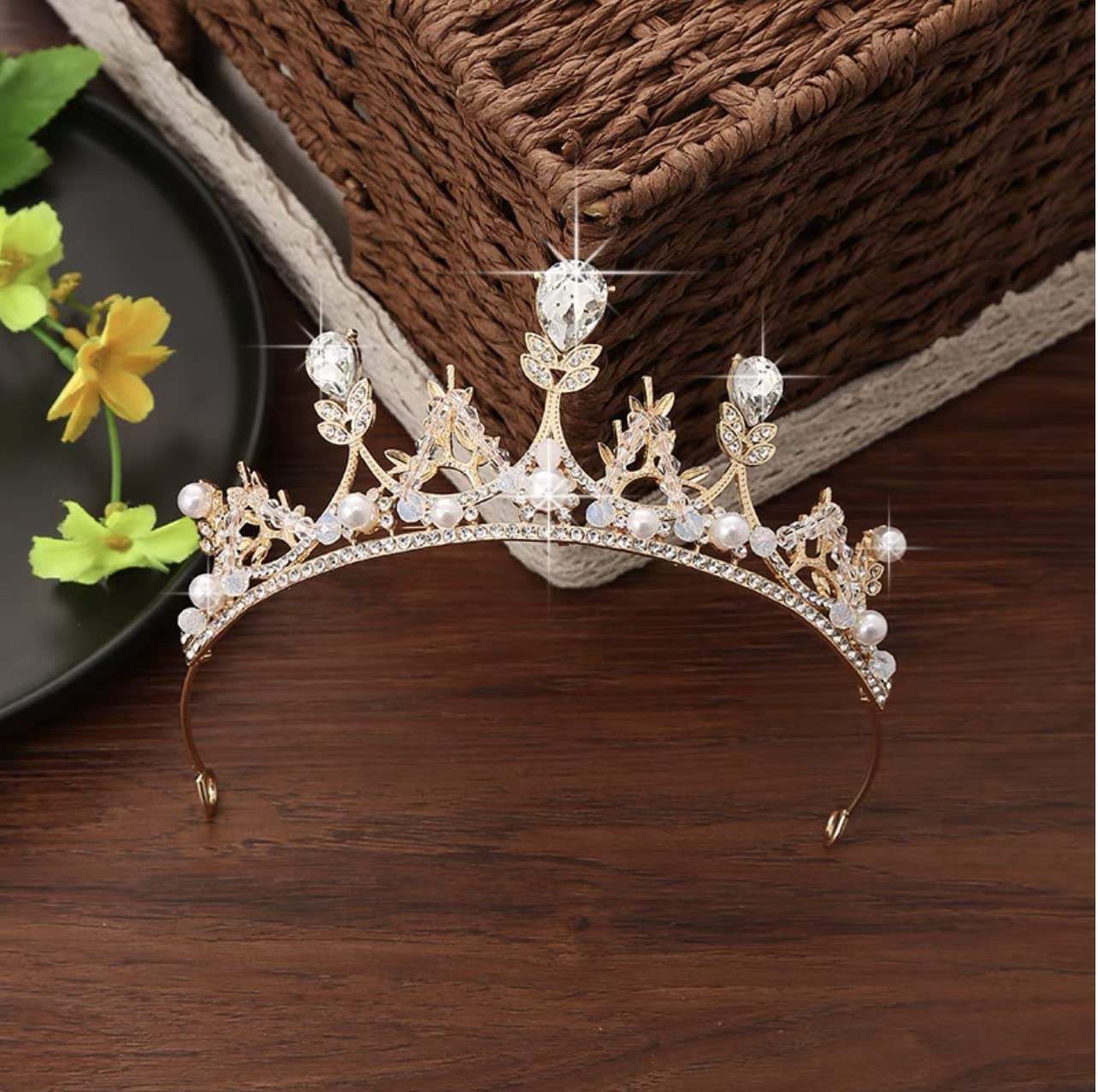 Yovecathou Girls Gold Tiara Princess Crown Headband Rhinestone Hairpiece For Halloween Costume Wedding Bridal Prom Birthday Part