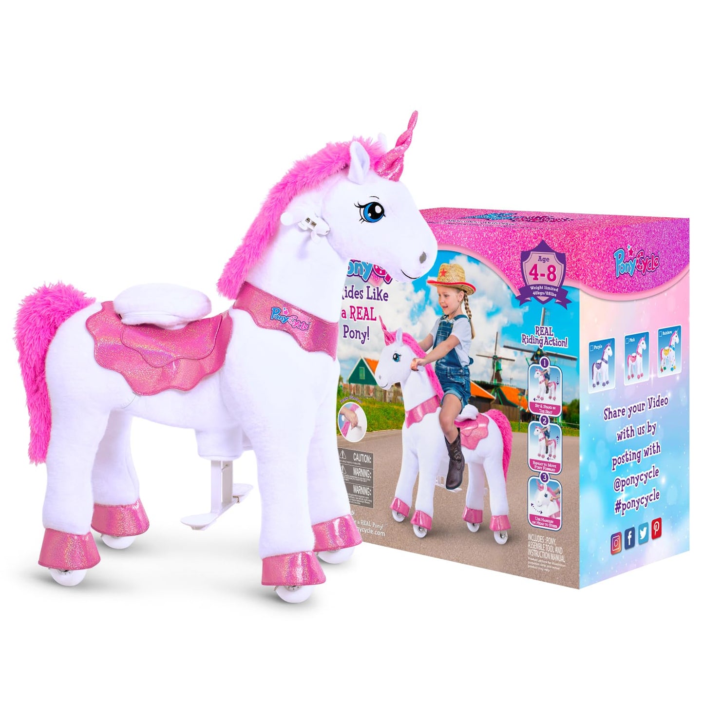 PonyCycle Ride on Unicorn Ride on Toys for Girls Riding Pink Unicorn Rocking Horse Essential Model E (with Brake/ 30 Height/Size