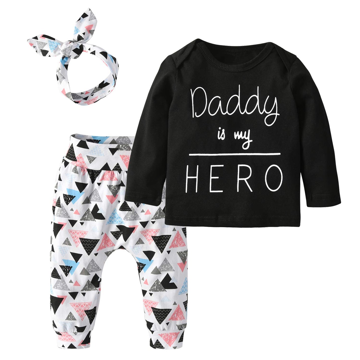 Baby Girls 3Pcs Outfit Set Letters Daddy Is My Hero T-Shirt Tops Geometric Pants With Headband (9-12 Months)