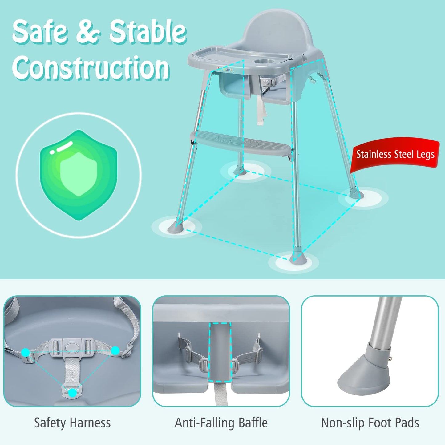 Baby Joy Baby High Chair, 4 In 1 Convertible High Chair With Adjustable Legs, Double Removable Tray, Safety Harness & Footrest,
