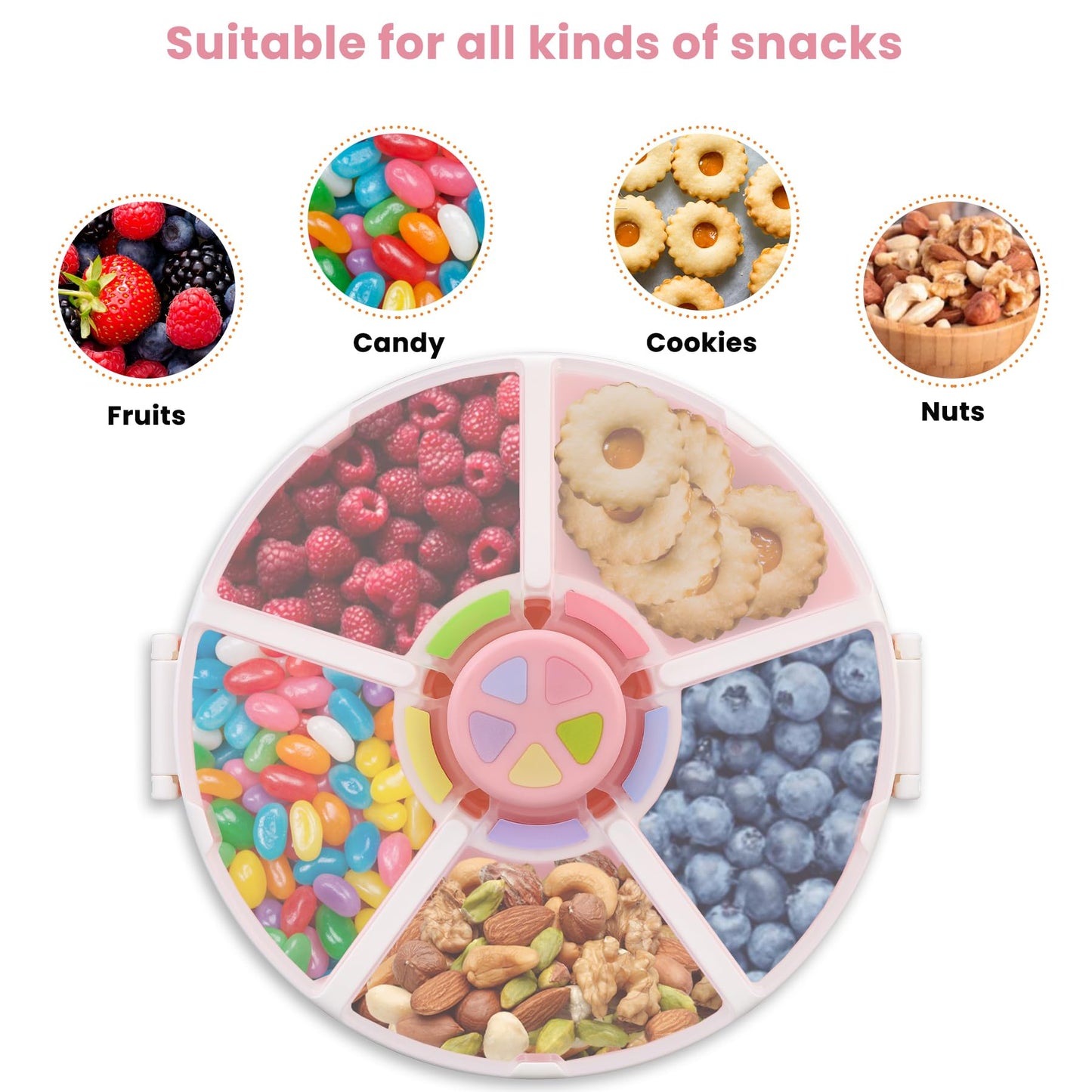 Pawtong 2 Pack Kids Snack Spinner Container Reusable Snack Box With 5 Compartment Dispenser And Lid, Bpa And Pvc Free, For Toddl