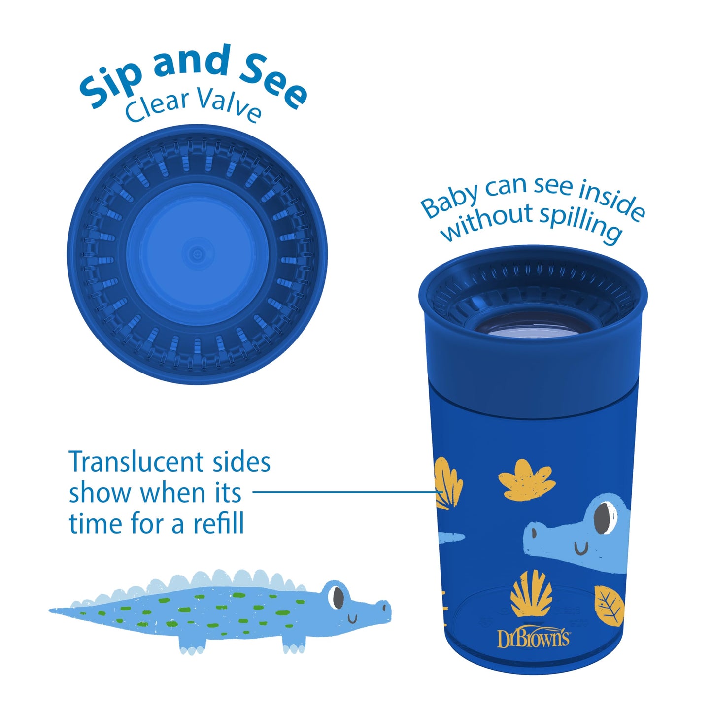 Dr. Brown'S Milestones Cheers 360 Cup Spoutless Transition Cup, Travel Friendly & Leak-Free Sippy Cup, Blue Alligator - Turquois