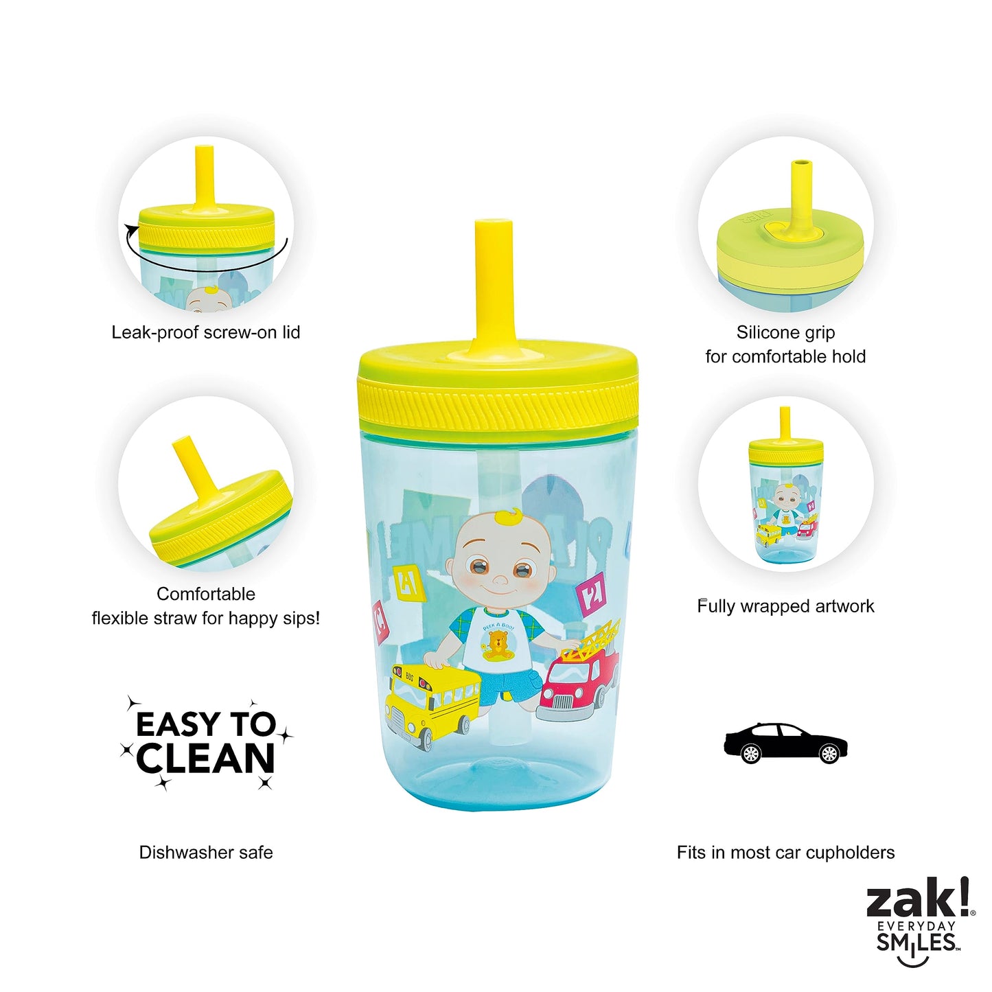 Zak Designs 15Oz Cocomelon Kelso Tumbler Set, Leak-Proof Screw-On Lid With Straw Made Of Durable Plastic And Silicone, Perfect B