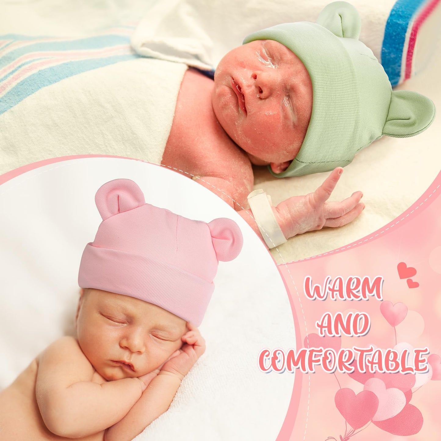 Toulite 6 Pcs Preemie Hats Cotton Preemie Caps Cute Beanie Bear Ears Hospital Cap For Premature Baby Boys Girls(Light Colors,Sol