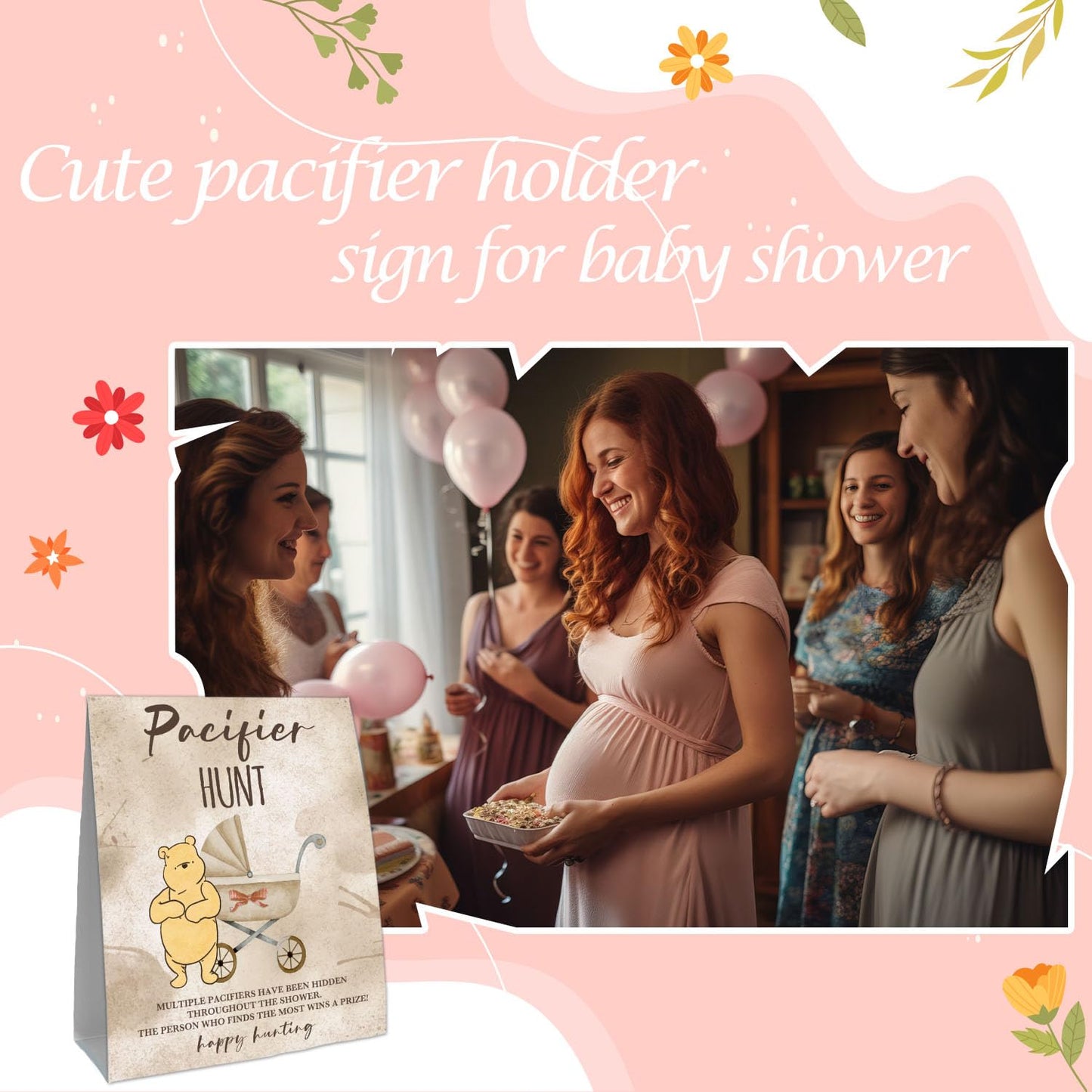 Guawubiang Winnie Pacifiers Hunt Sign For Baby Shower Game, Winnie Pacifiers Games Set, Include 1 Baby Pacifier Hunt Sign And 50