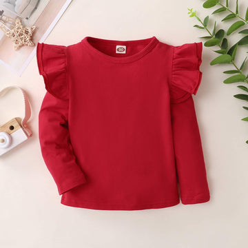 Toddler Baby Girls Long Sleeve Ruffle T Shirt Kids Casual Plain Solid Top Blouse T-Shirt Undershirt (Red,2-3T)