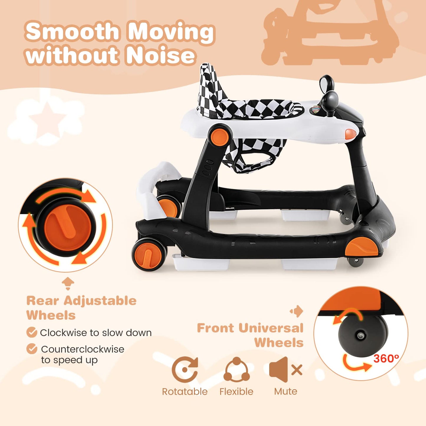 Honey Joy Baby Walker, Foldable Push Learning Walker Toy-Seated & Walk-Behind With Wheels, Adjustable Height, High Back Padded S