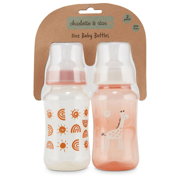 Premium 2-Pack Baby Bottles - 11 Ounce, Hourglass Shape, Fun Boys And Girls Prints, Clear Cover - Bpa-Free