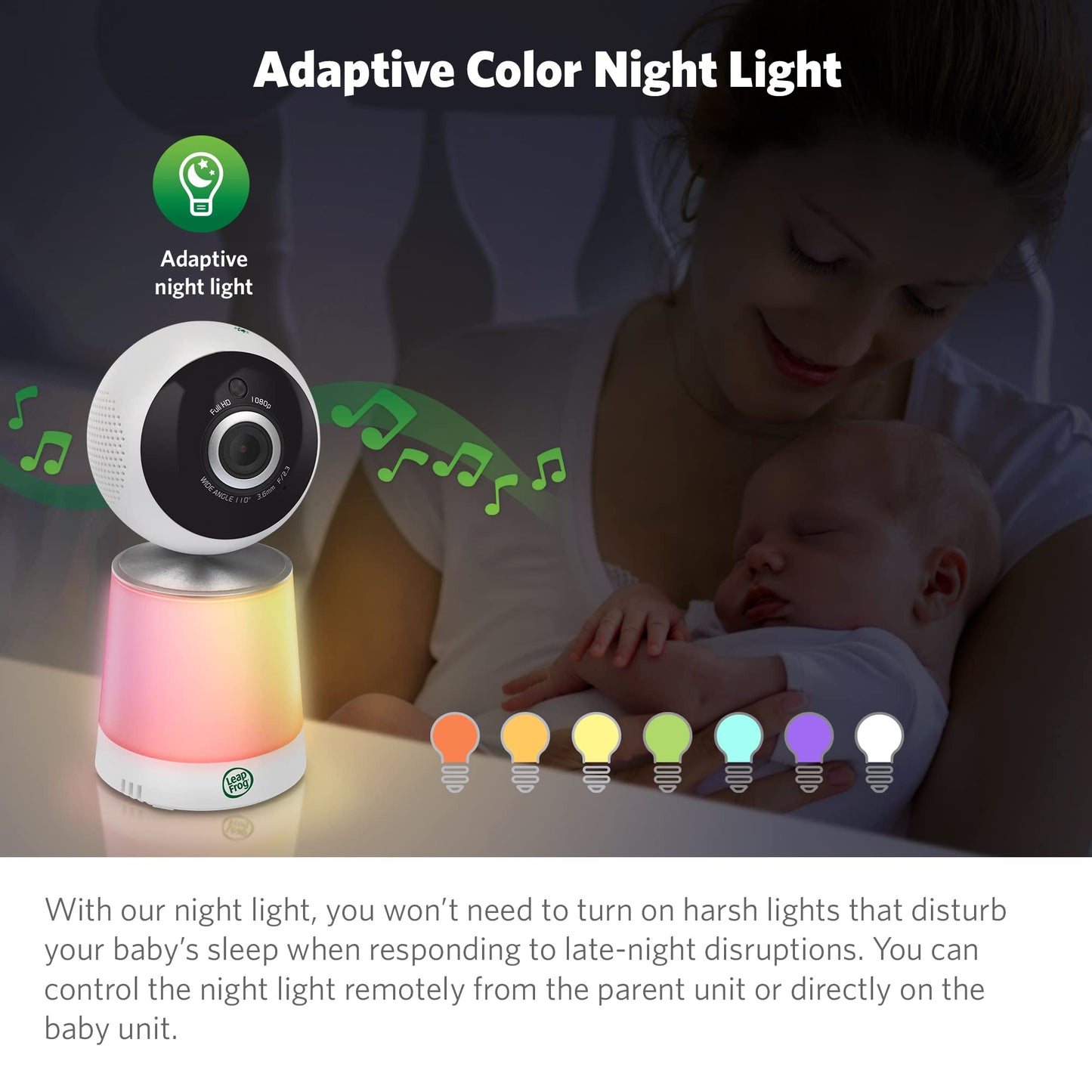 Leapfrog Lf1726Fhd Baby Monitor, 5.5' 1080P Screen, Up To 2500 Ft Range, Pan-Tilt-Zoom, Night Light, Color Night Vision, Soothin