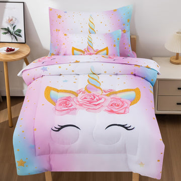 Jqinhome Toddler Comforter For Girls,5 Piece Bed In A Bag 3D Unicorn Theme Bedding Set With 2 Pillowcases,1 Flat Sheet,1 Fitted