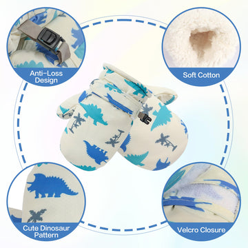 Fynnsure Toddler Mittens Baby Waterproof Snow Gloves Kids Ski Snow Gloves Cold Weather Mittens For Boys Girls Ivory White Dinosa