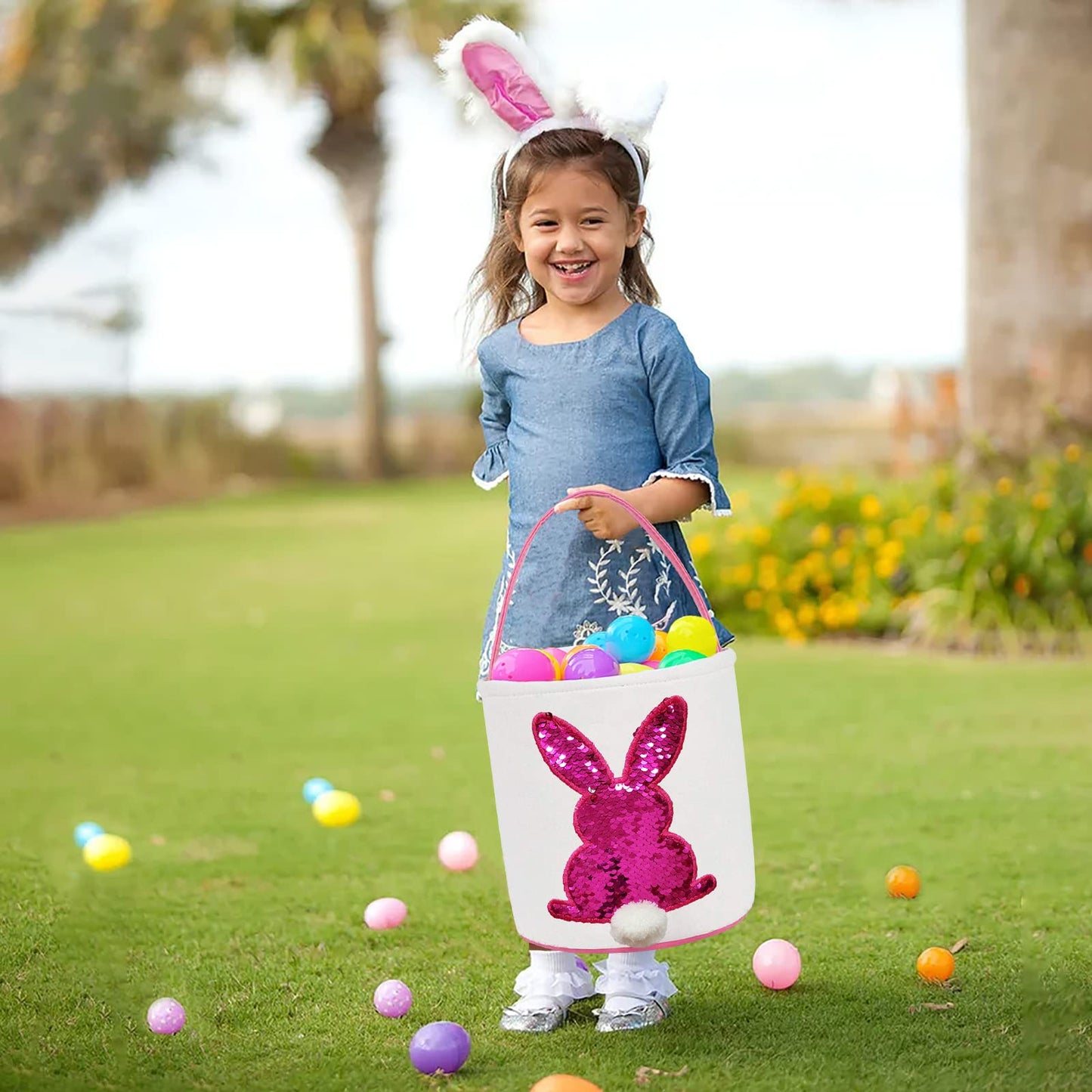 Poptrend Easter Basket Bags,Easter Eggs/Gift Baskets For Kids,Bunny Tote Bag Bucket For Easter Eggs,Toys, Candy,Gifts (3 Pack Bl