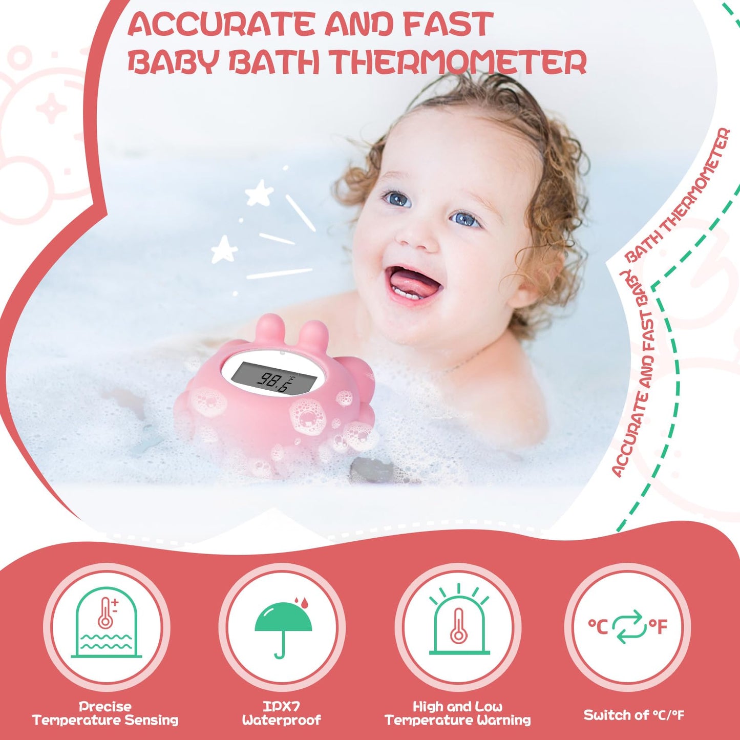 Pircaath Baby Bath Thermometer Newborn, Bpa-Free Safety Digital Bath Tub Thermometer With Temperature Alarm & Lcd Display, Crab