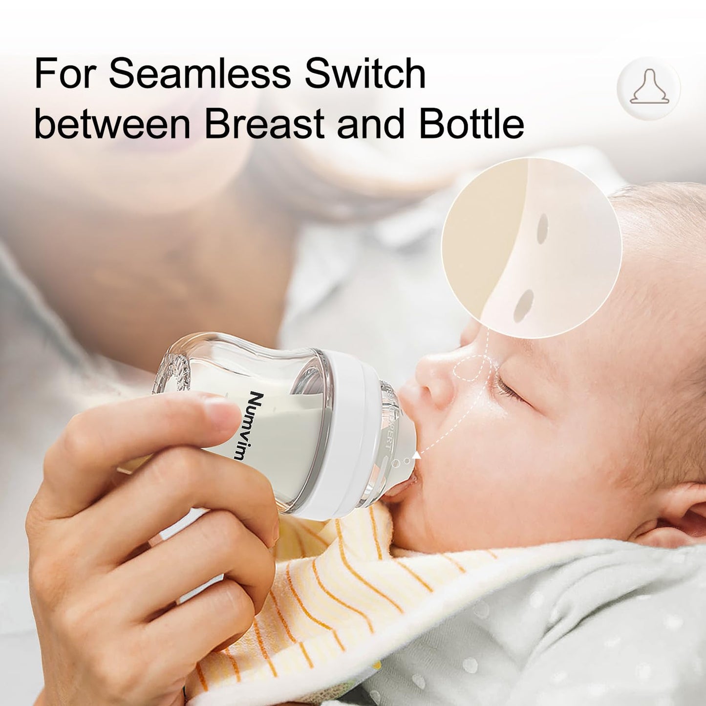 Numvim Glass Nurturing Baby Bottles Gentle & Extra Slow Flow, Newborn Breastfeeding Bottle With Anti Colic Nipple For 0 Months B